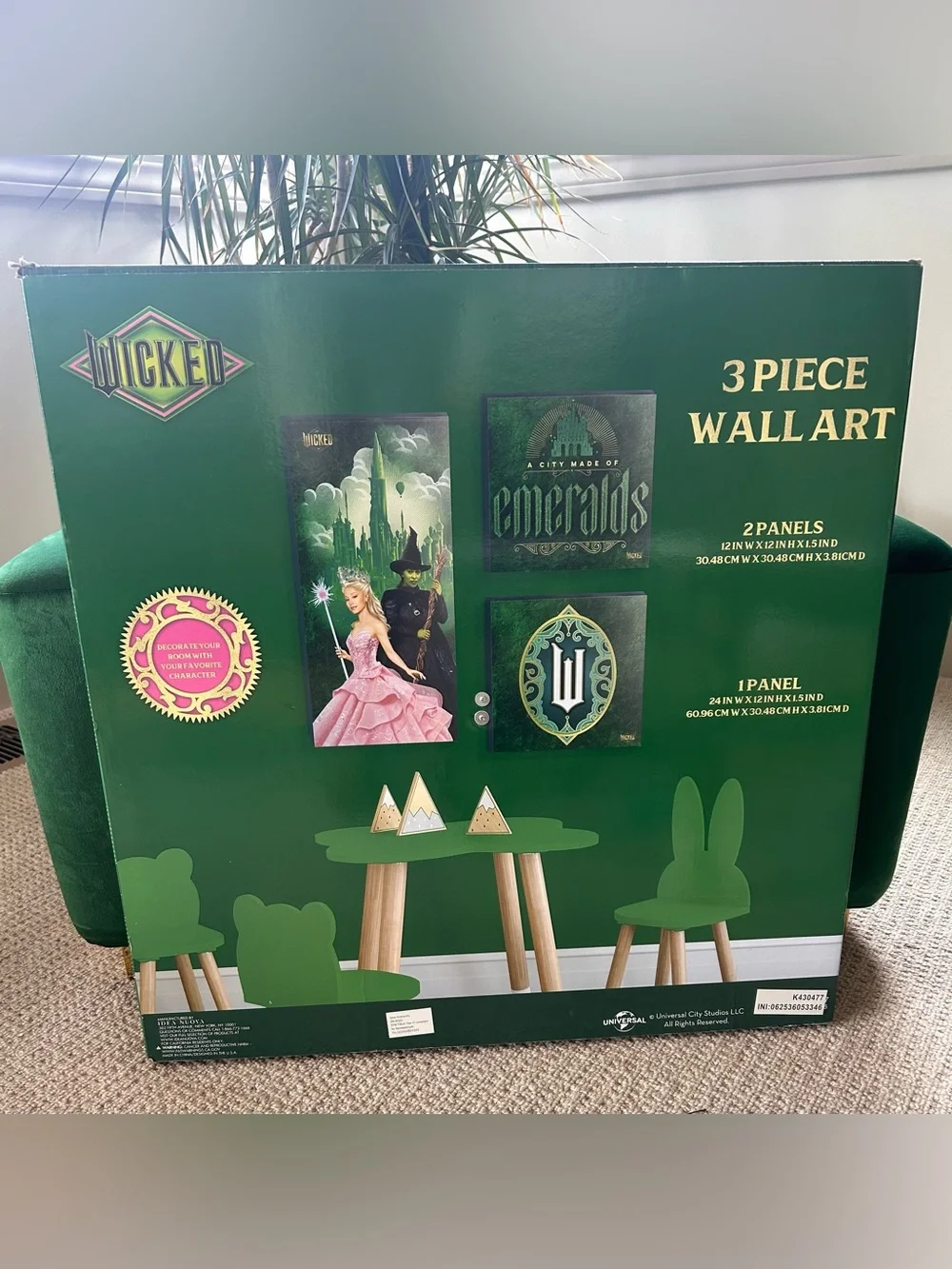 Wicked Elphaba Glinda 3-piece wall art Stretched Canvas set New In Box Flawed